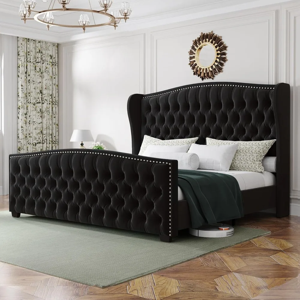 King Platform Bed Frame with Wingback Headboard, Velvet Upholstered Bed Frame with Handmade Button Tufted