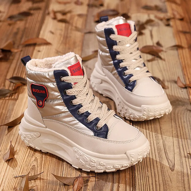 SHigh-Top Cotton Shoes Female Students Korean Version 2024 Winter New Big Cotton Joker Plus Velvet Sports Women'S Boots