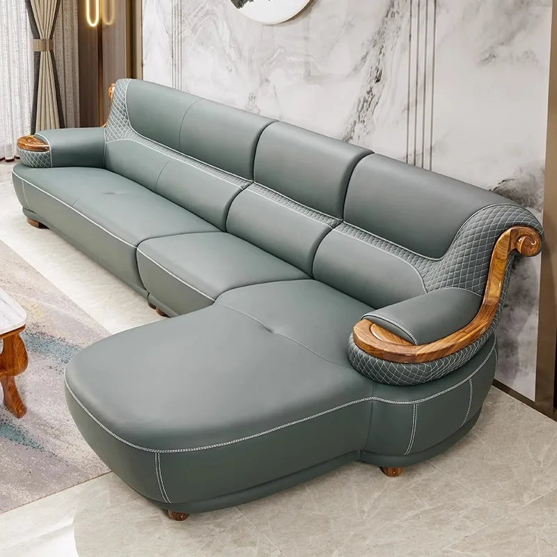 Ebony leather sofa corner concubine first layer cowhide new Chinese leather luxury villa living room solid wood sofa
