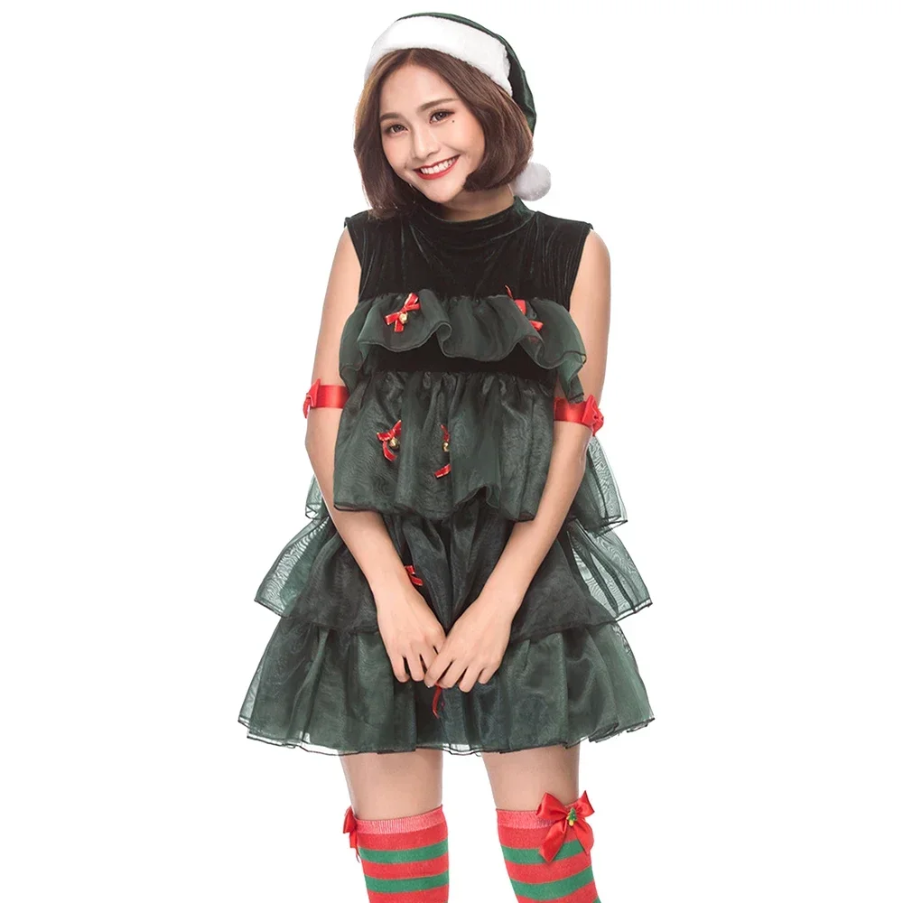 

Green Santa Claus Costume Lady Cute Fancy Sleeveless Cosplay Christmas Tree Costume