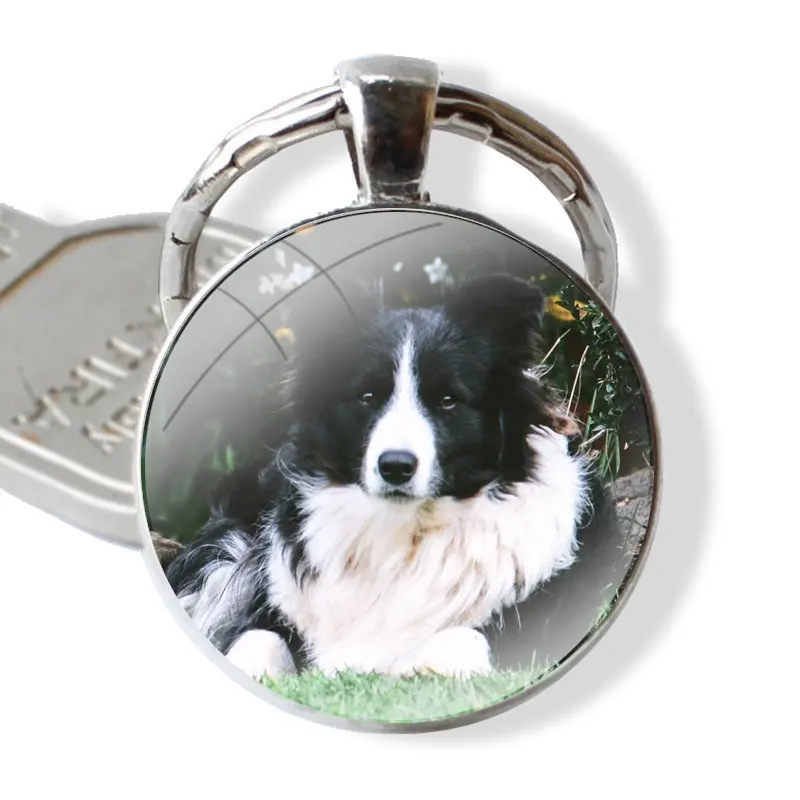 Border Collie lovely Dog Keychain Handmade Glass Cabochon Key Ring Holder Pendant Key Chains Cartoon Creative Fashion Design