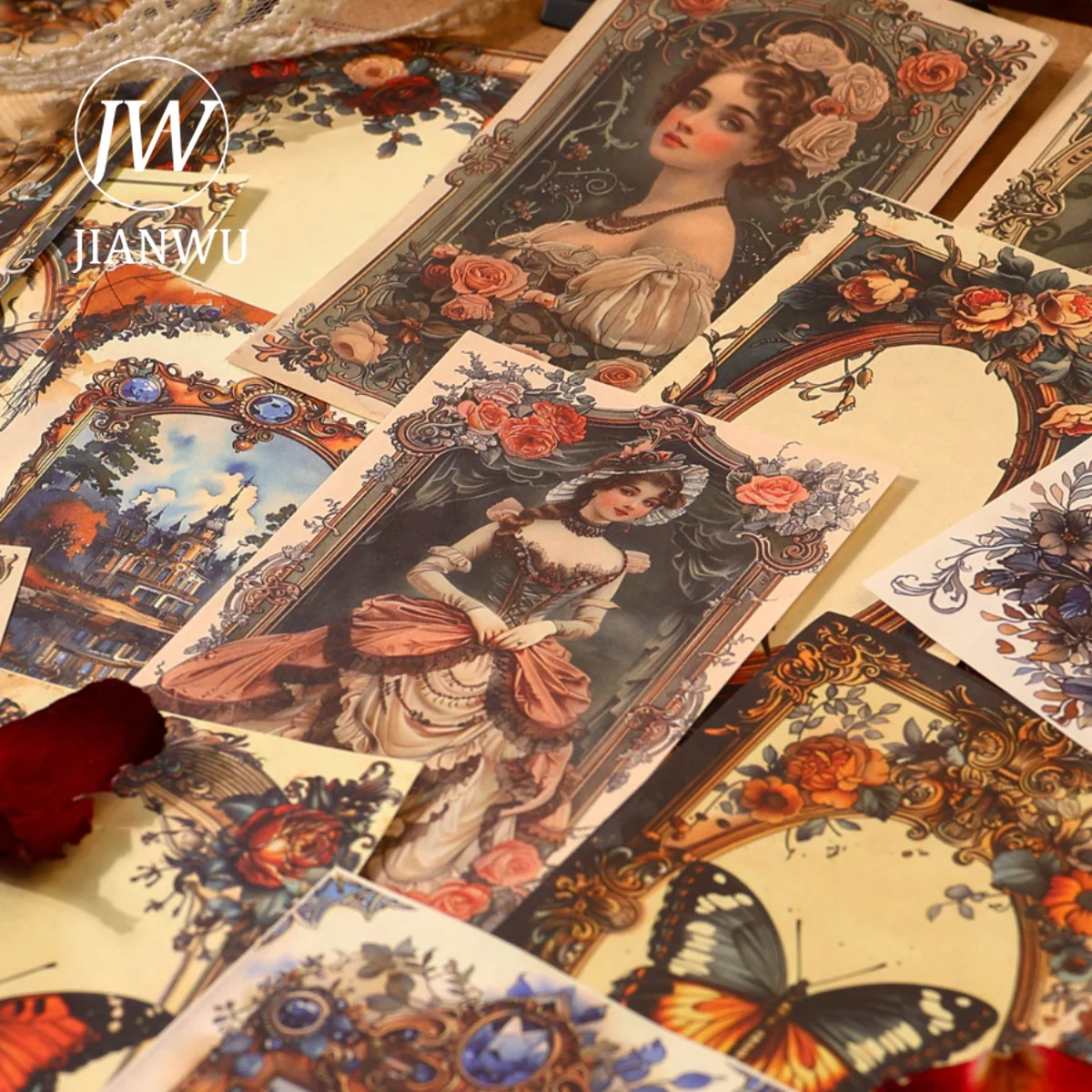 JIANWU 30 Sheets Bach\'s Conjecture Series Vintage Baroque Flower Border Collage Material Paper Creative DIY Journal Stationery