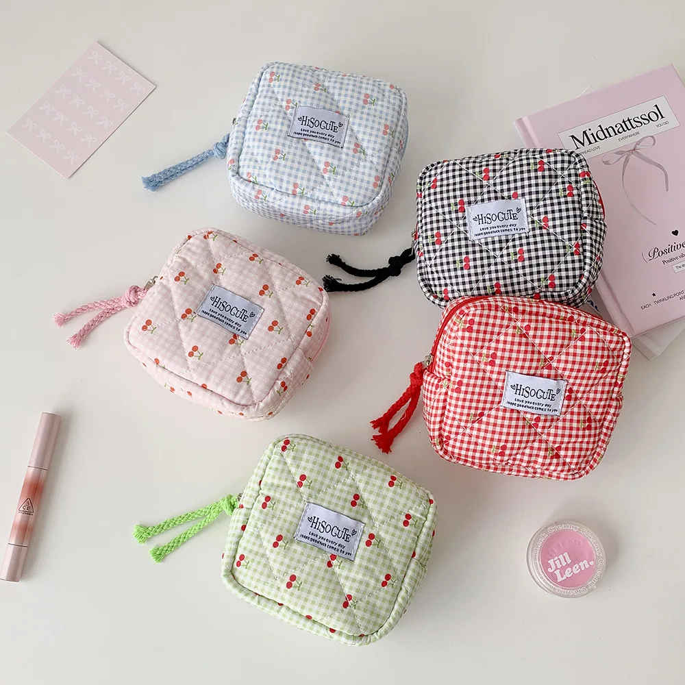 INS Fashion Square Cherry Makeup Bag Cute Girls Portable Large Capacity Travel Washbag Sanitary Cotton Storage Bag Women Gifts - view 2