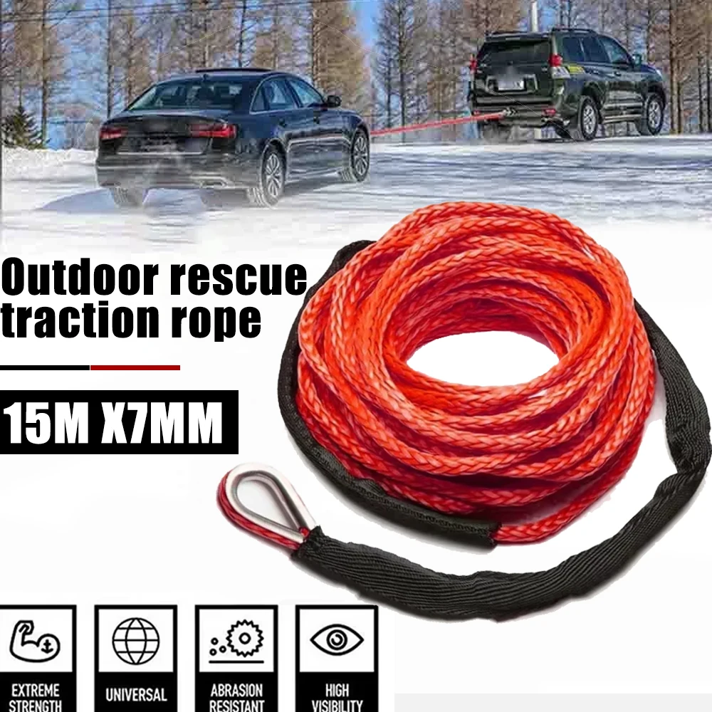 15mX7mm 13,500LBS Tow Strap Synthetic Recovery Cable Winch Rope Line ATV UTV 4WD Tow Rope 4x4 Offroad Accessories