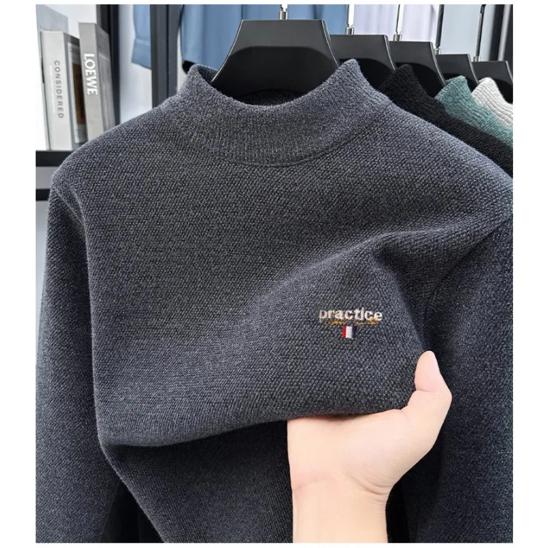 

Высококачественный модный бархатный толстый замшевый мужской свитер с вышивкой и полувысоким воротником, зимний теплый свитер с полувысоким воротником