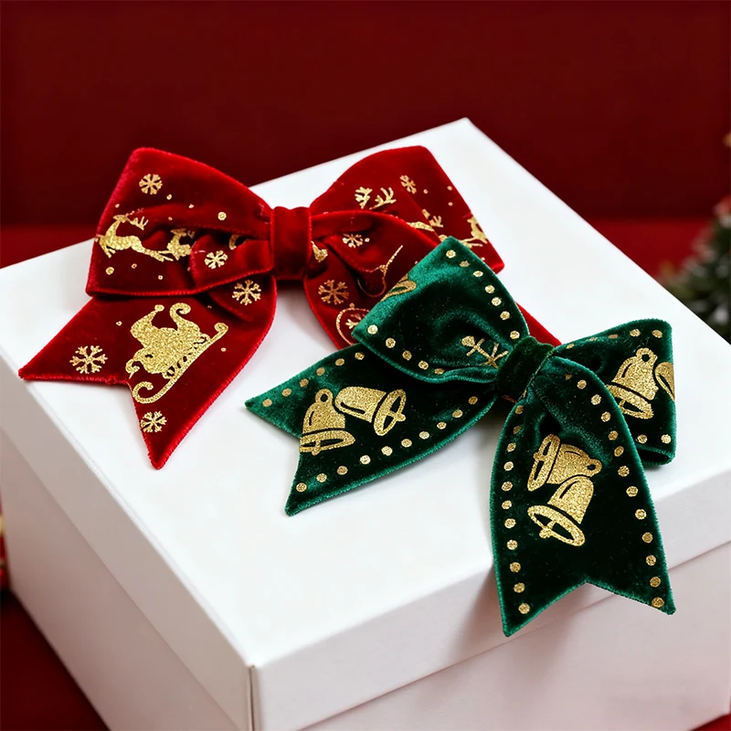 

4 PCS Hand-made Velvet Hair Bow Alligator Clips Hair Accessories for Little Teen Toddler Girls Kids Christmas Set of 4 -Dark Red