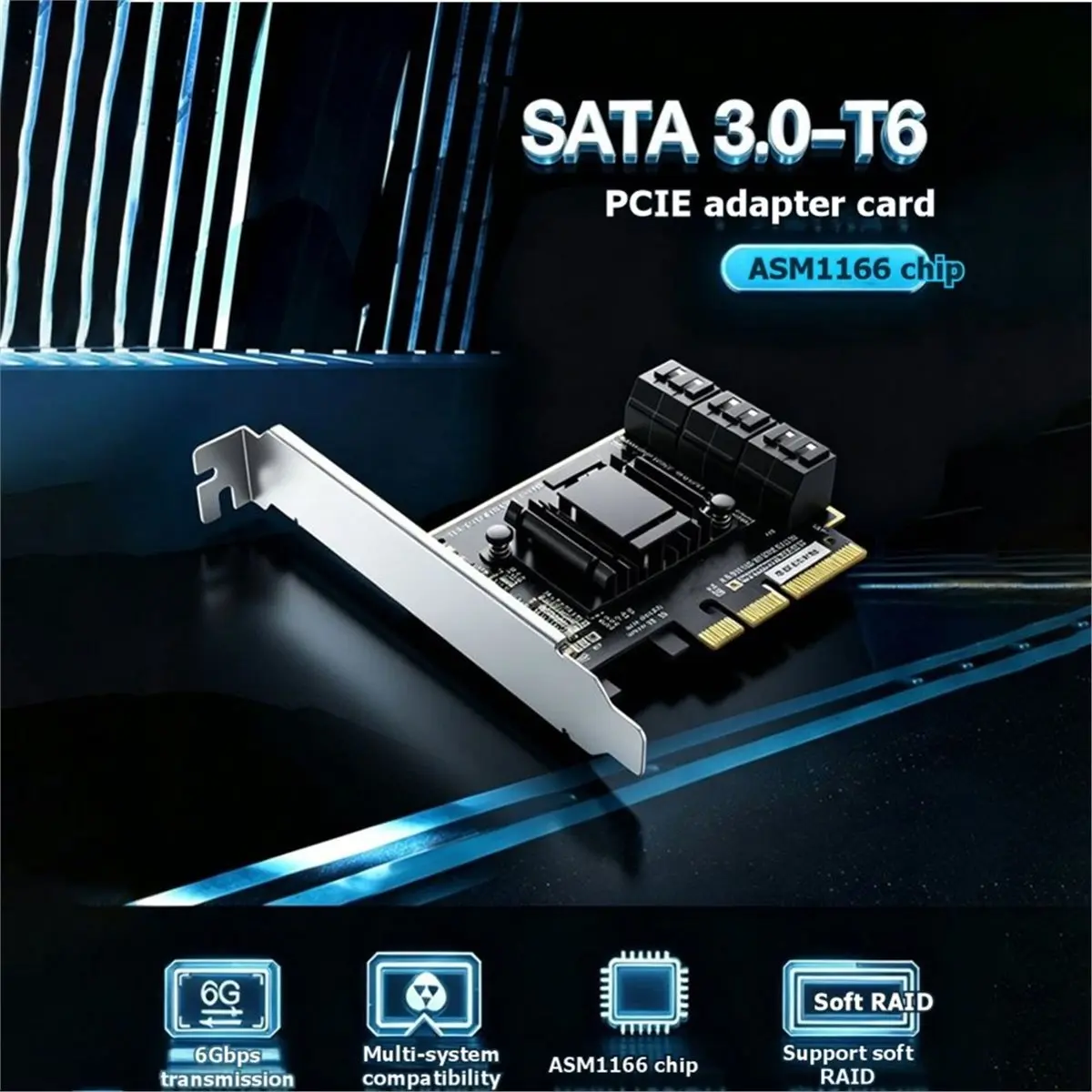 computer Pcie to 6Ports SATA 3.0 Controller Card Controller Expansion Card ASM1166 Supports NAS, Mac, and Linux