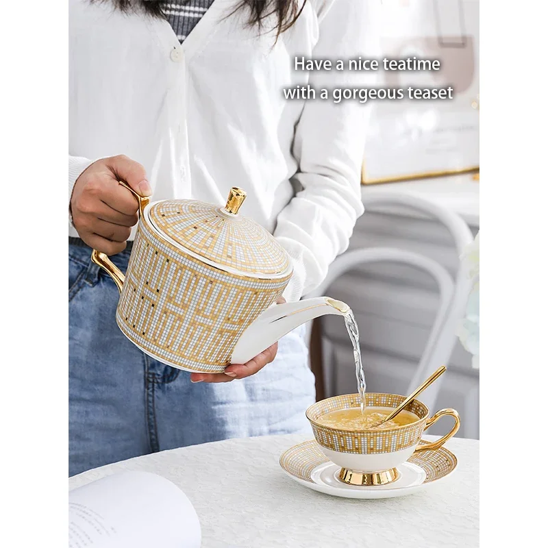 Luxury Bone China Tea Set Royal Porcelain Cup Ceramic Pot Golden Teapot Cafe Mug Coffee High-grade Teacup Teaset