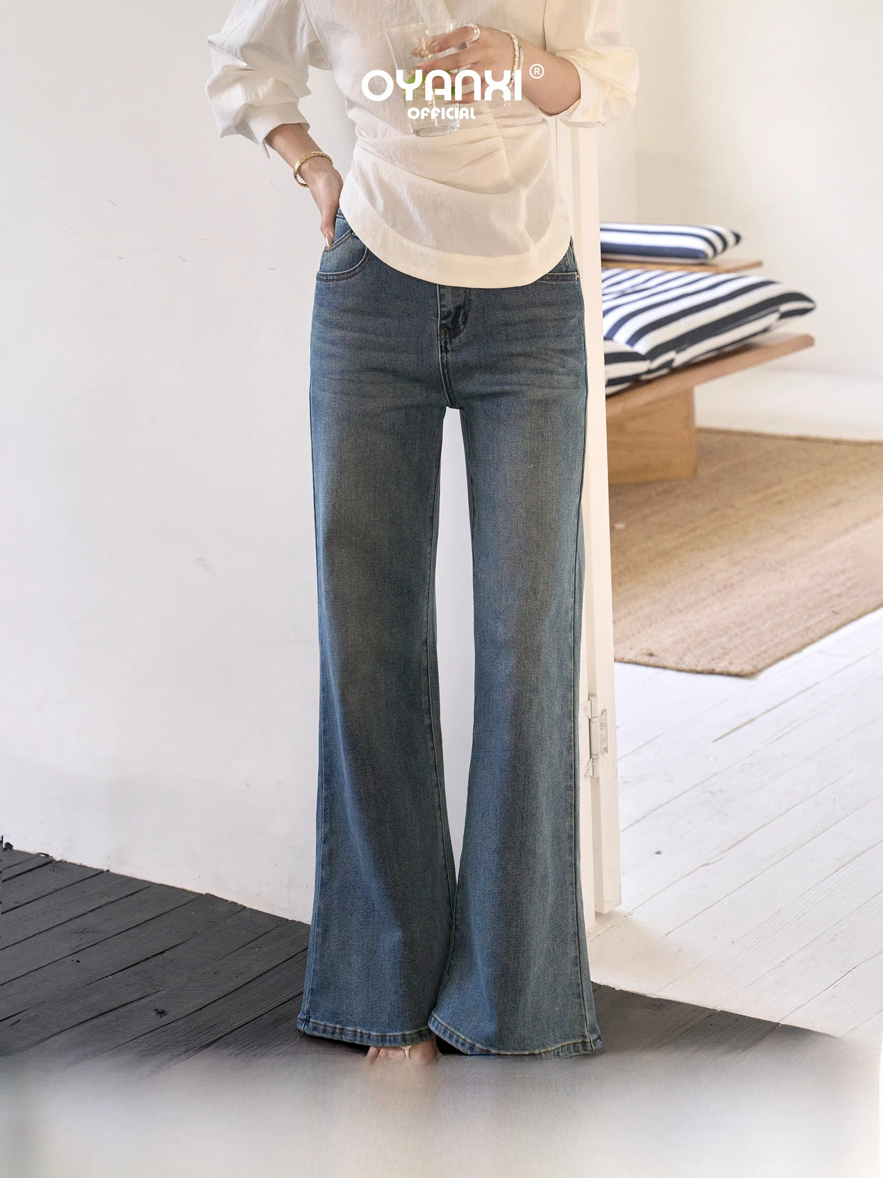 

Spring 2026 Women's High Waist Wide Leg Jeans Flared Pants Non-Matching Leggings Linear Special Tuning Blue Denim Jeans