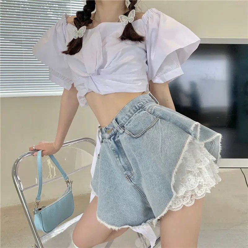 Women Denim Shorts 2022 New Girls Sexy Lace Ruffles High Waist Loose Tassel Jeans Summer Cool Female Denim Booty Shorts