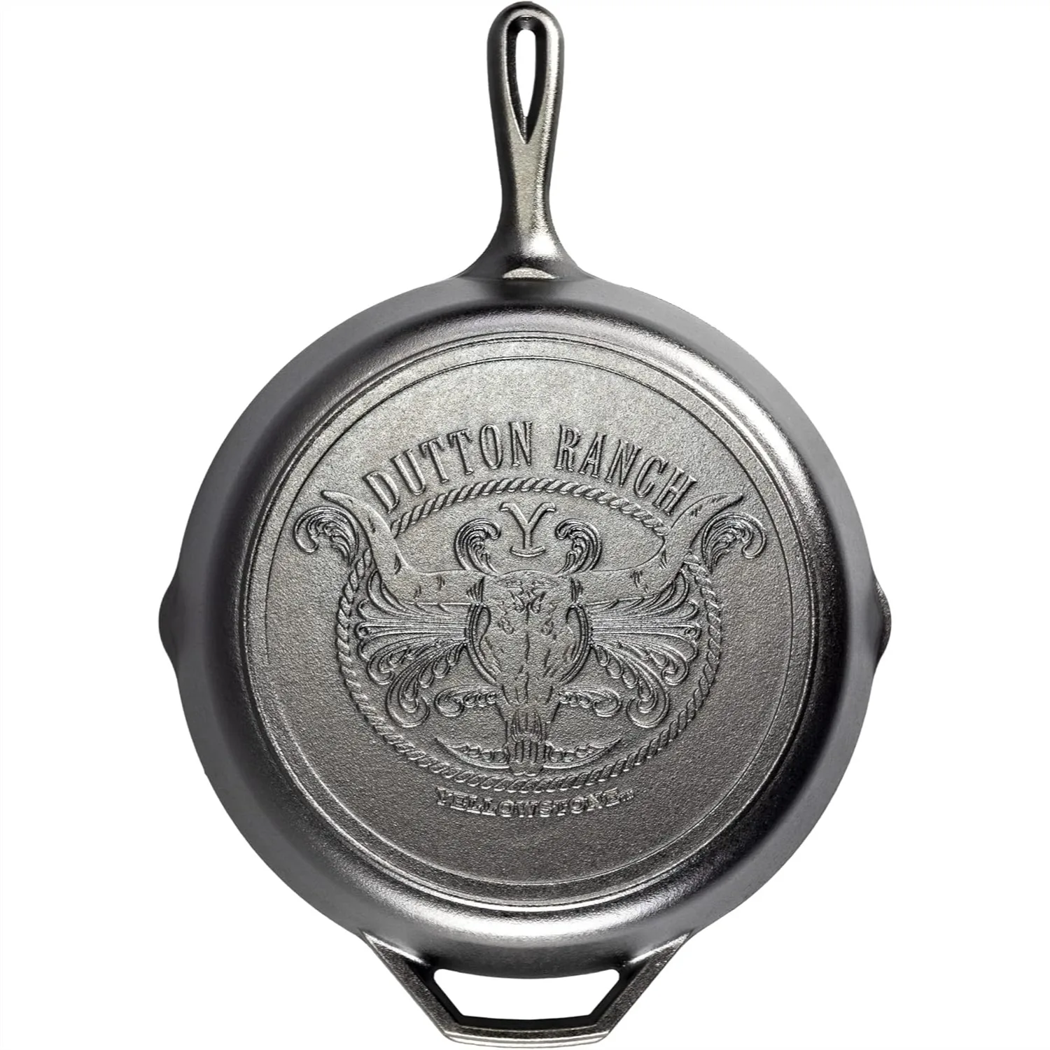 

12 Inch Pre-Seasoned Cast Iron Skillet, Yellowstone Stamped with Teardrop Handle - Use on Stove, Grill, Oven or Campfire