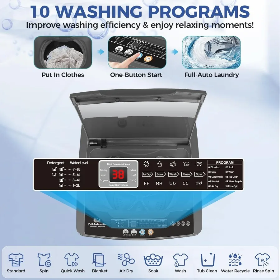 Portable Washing Machine 20Lbs with Drain Pump 2.8 Cu.ft Compact Washer Machine Featuring 10 Washing Programs and 8 Water Level