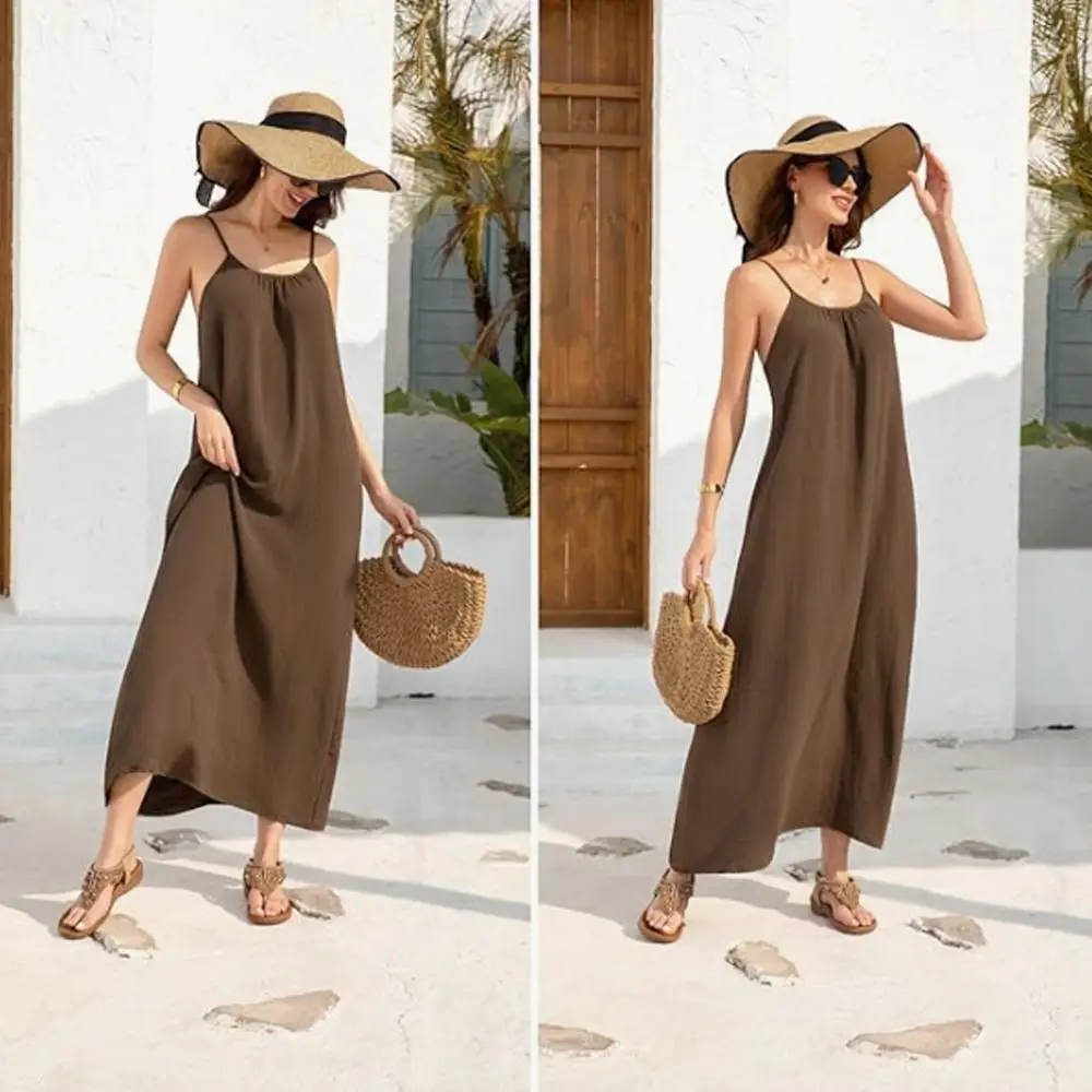Neu mit Rückenbindung Rückenfreie Cami-Kleider Einfarbig Weich Ärmellos Bequemes Langes Sommerkleid für Damen