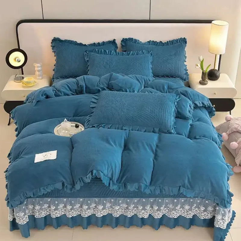 2024 popular solid color Korean version milk velvet lace bed cover bed skirt three-piece set four-piece set single quilt cover