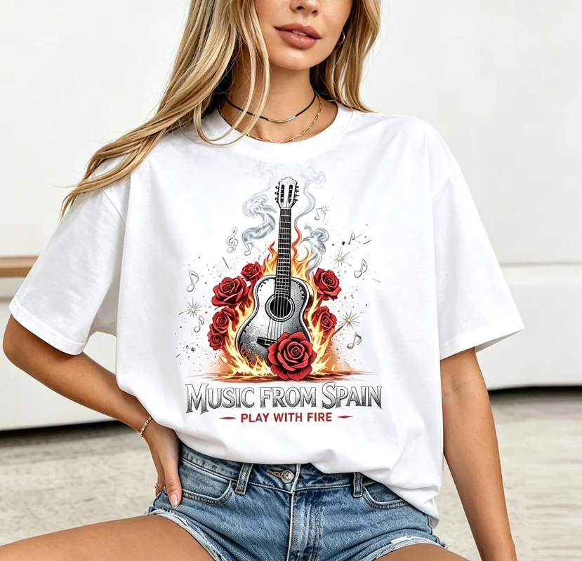 Spanish Guitar Fire Rose T Shirt Vintage Music Graphic Print Casual Short Sleeve Tops for Women Guitar Lover Gift Y2k Top