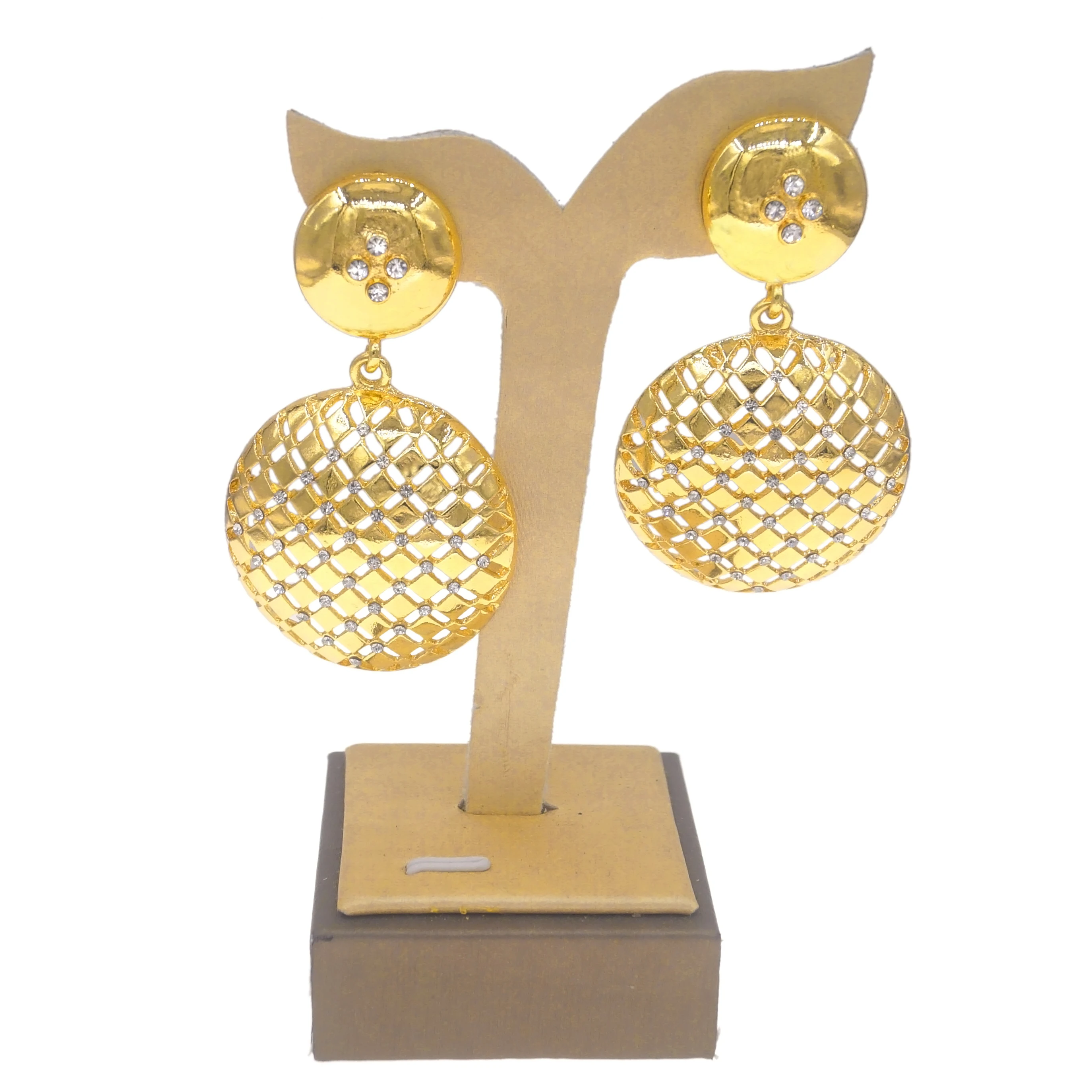 Vintage Round Grid Drop Earrings 24K Gold Plated Paved Rhinestone Crystal Dangle Earring Women Banquet Bridal Statement Ornament