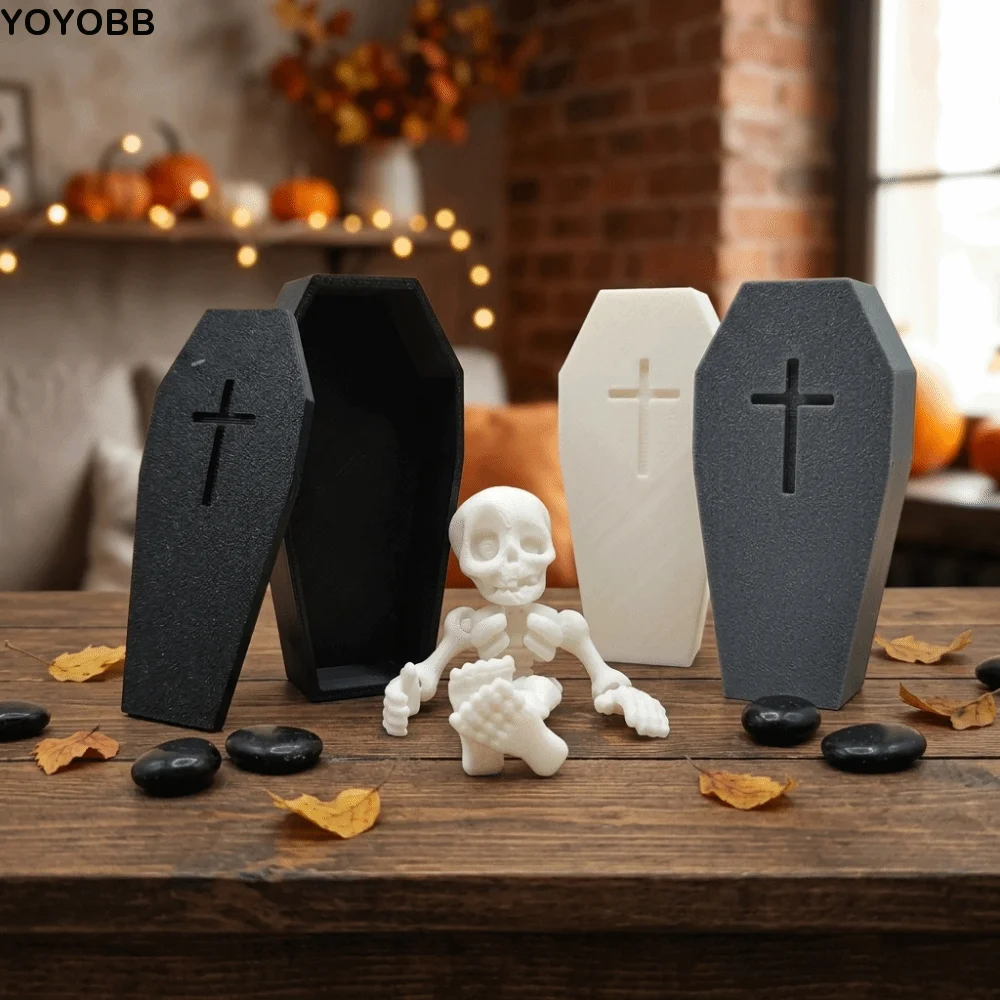 Novelty 3D-Printed Articulated Skeleton Flexible Joints Plastics Posable Skeleton Removable Halloween Mini Coffin Box Office