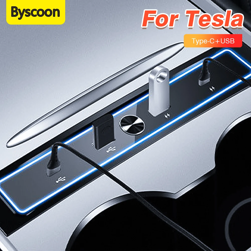 Byscoon For Tesla Model 3 Y Docking Station 27W Quick Charger USB LED Shunt Hub Extension Center Console 4 Ports Smart Sensor