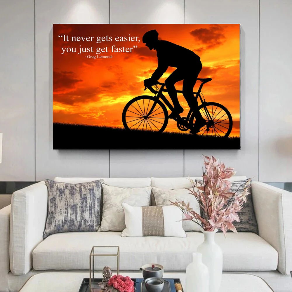 Cycling Sunset Poster, 'Get Faster' Motivational Quotes Canvas Print Painting, Sport Wall Art Picture, For Living Room Gym Decor