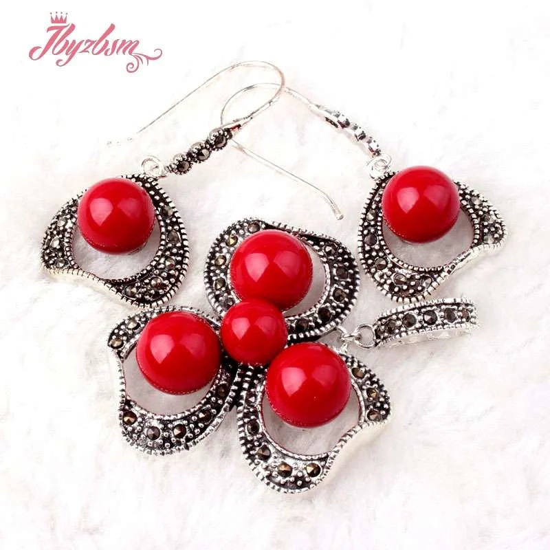 8.10mm Round Manmade Red Coral Marcasite Tibetan Silver Anniversary Classical Party Pendant 35x45mm Earring 19x25mm Jewelry  Set