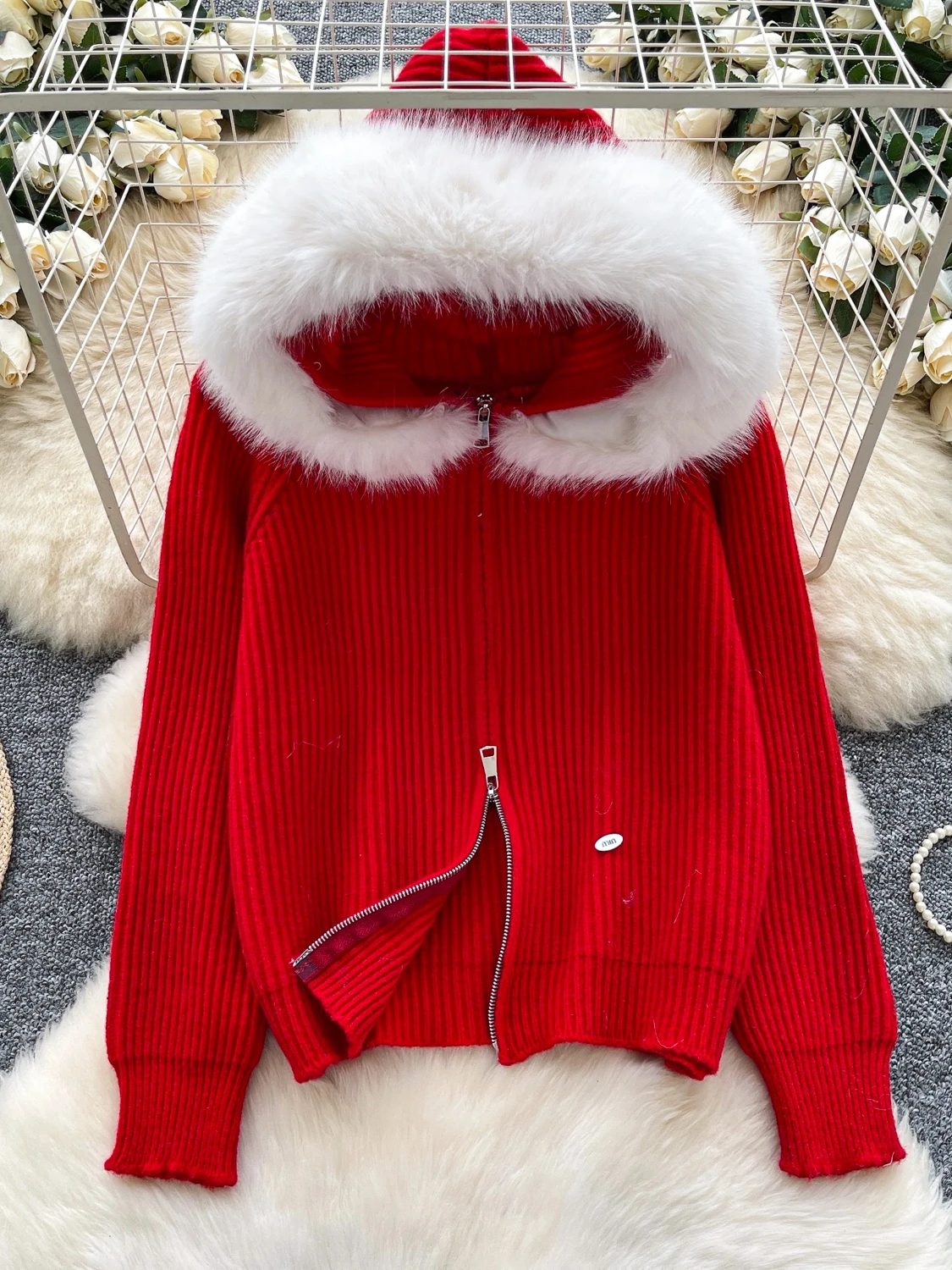 

Laid-ba mat Faion Furry Patchwork Hooded Long Sve Zipper Knitted Jaet Women's Sweater Cardigan Vintage Casual...