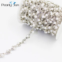 1/5 Yards Three Drill One Pearl Metal Chain DIY Decoration Crystal Rhinestone Trim For Clothing Shoes Bags Accessories ML166