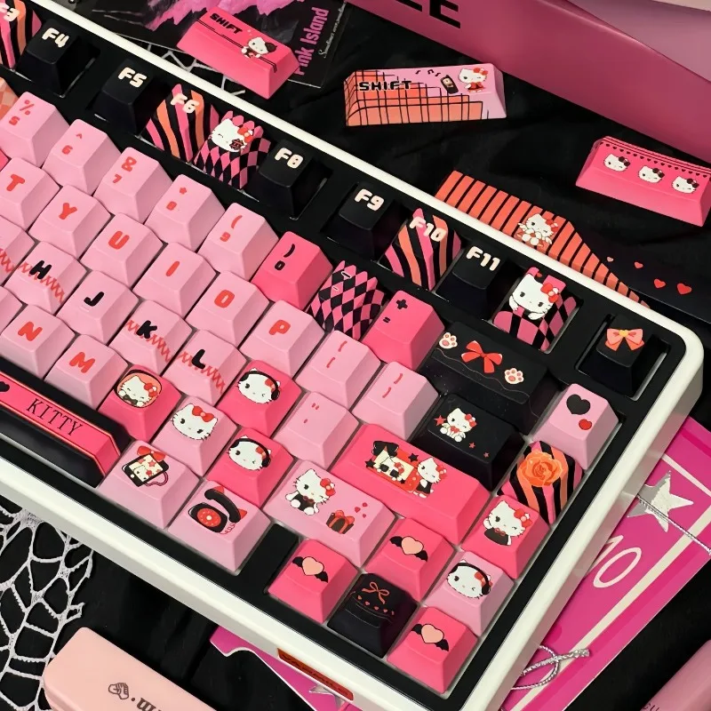 

MOA / CHERRY Height Kawaii Keyscaps for Mechanical Keyboard Pink Black Hello Kitty Theme Keycaps PBT Material Keycap Girls Gift