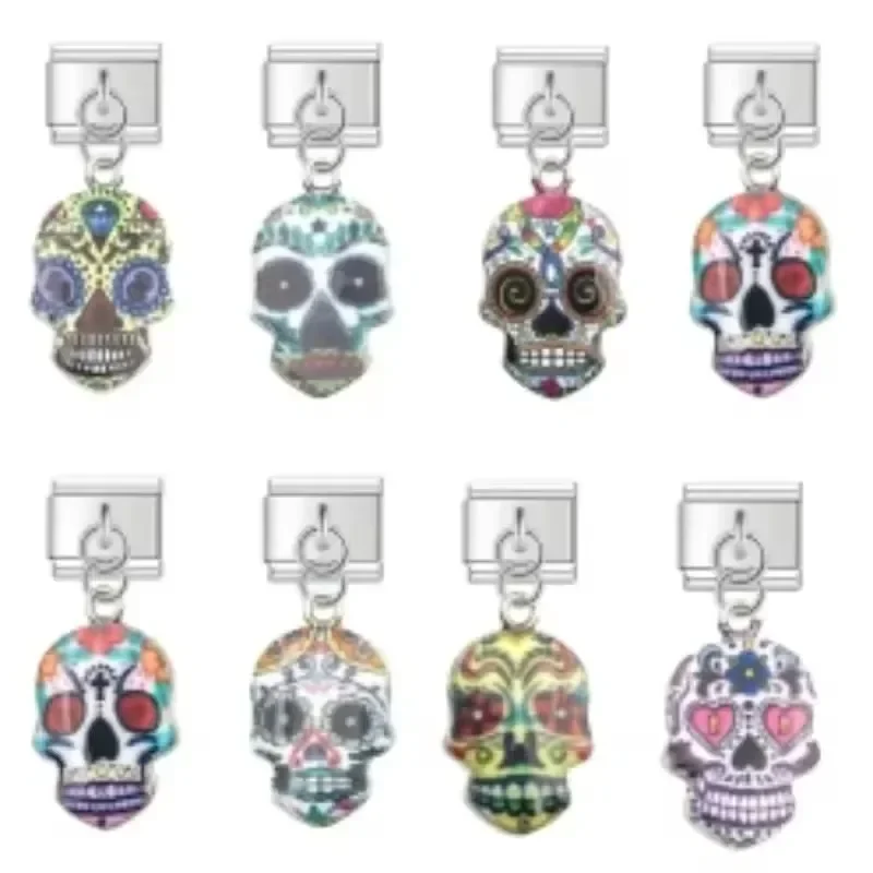 

New 2024 Colorful Skull Halloween Italian Charm Links Fit 9mm Modular Bracelet Stainless Steel DIY Making Jewelry