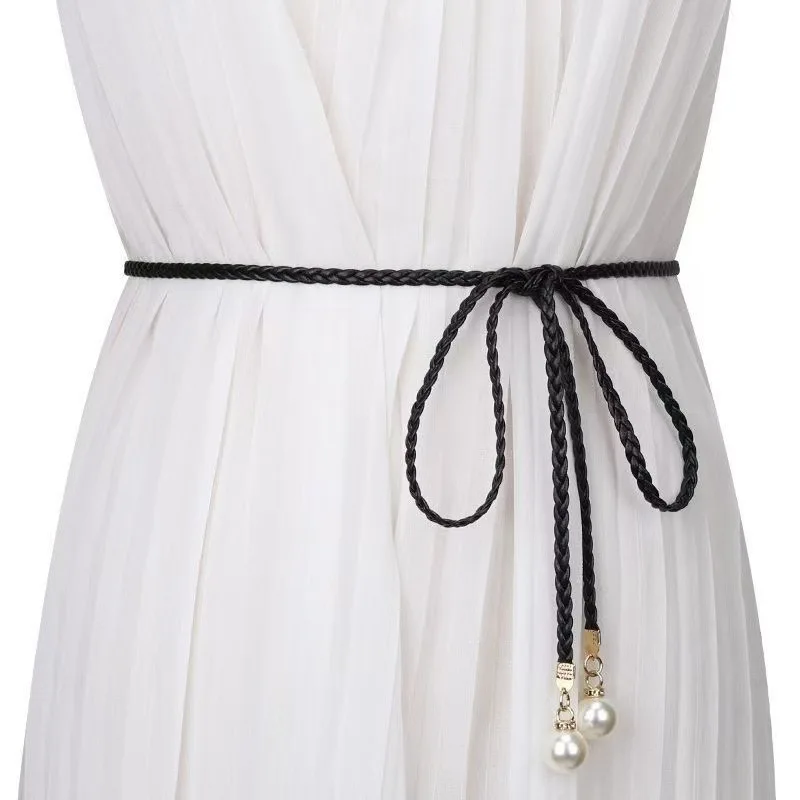 

Women's Knotted Waist Chain - Pearl Buckle Woven Belt for Dress Decoration, Multi-Color Minimalist Style