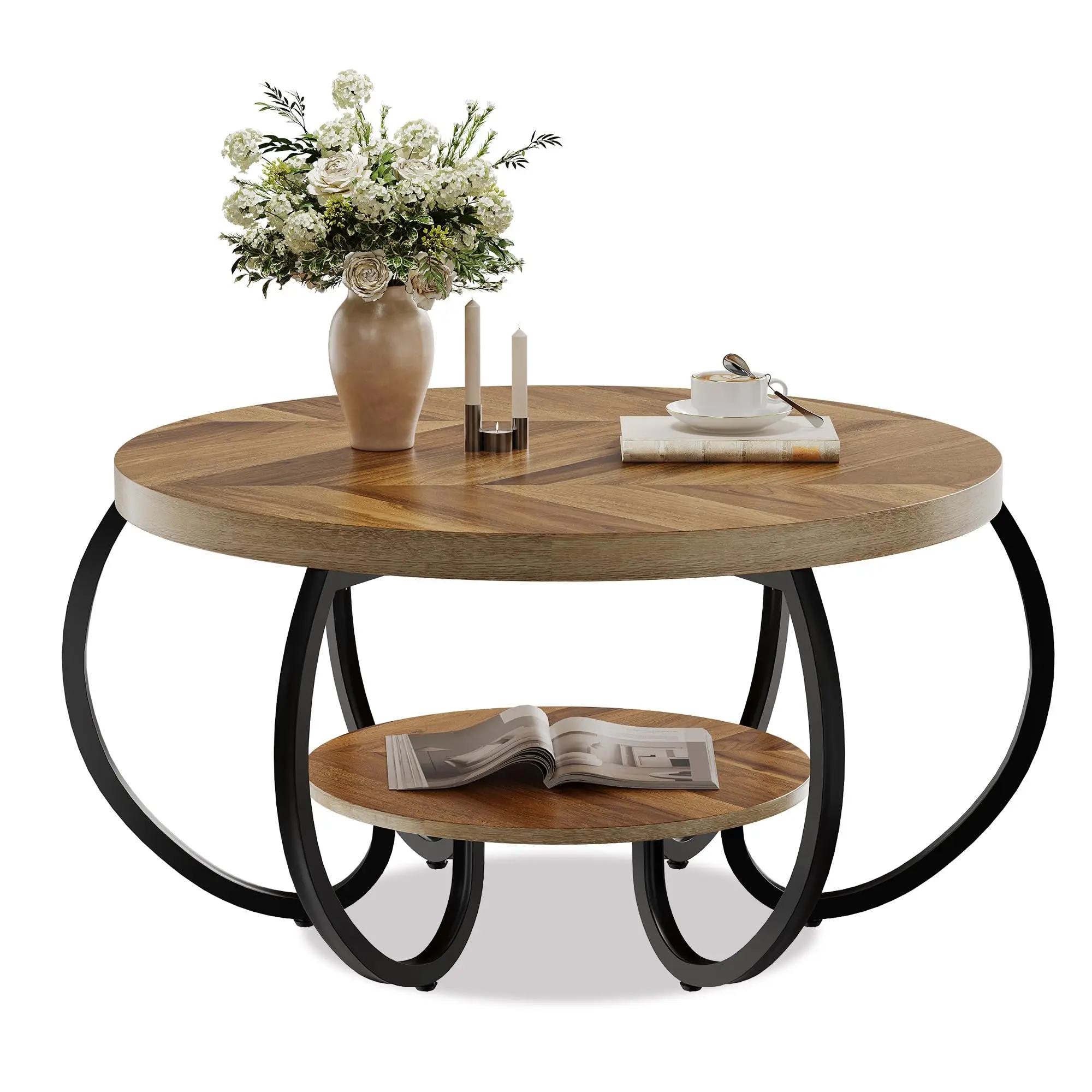 

Round Coffee Table 30 in Center Table, 2-Tier Coffee Table Industrial Center Tables with Adjustable Feet, Living Room Tables with Storage Shelf and Designed Wood Grain, Easy Assemble