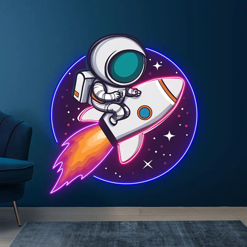 Astronauta Rocket Custom Neon Sign, Luzes LED de Viagem Interestelar, Sinais de néon para decoração infantil, Presente de aniversário