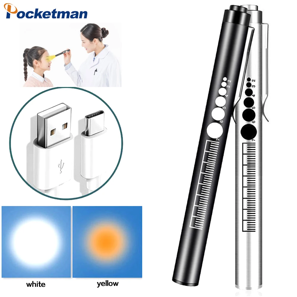 

Portable Mini LED Flashlight USB Rechargeable Pen Torch Pocket White Yellow Medical Light with Pupil Gauge for Doctors Nurses