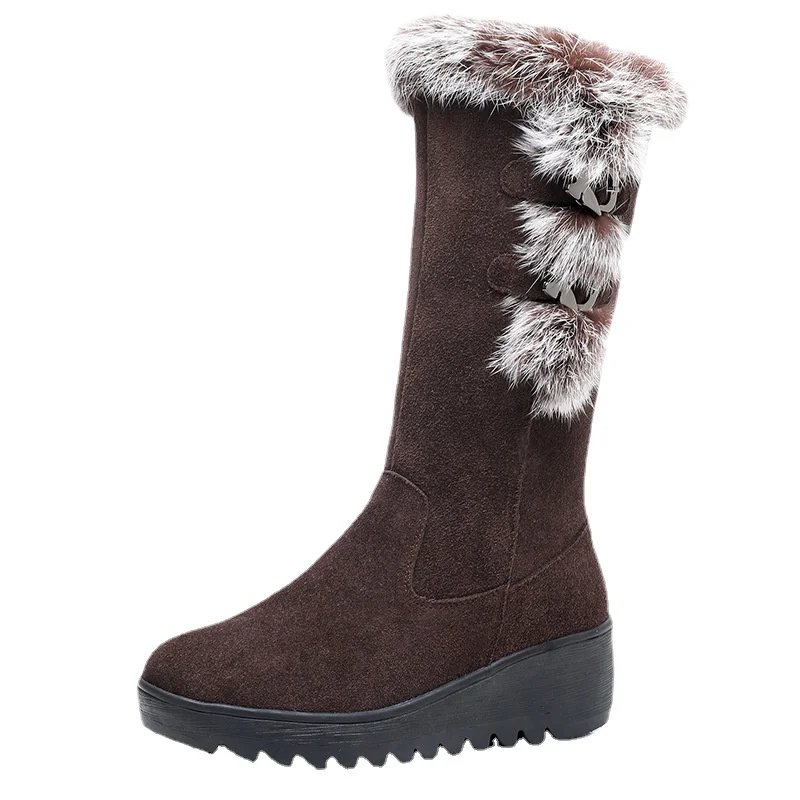 ZXRYXGS 2024 New Premium Frosted Cowhide Rabbit Fur Decorative Snow Boots Women's Mid Tube Fashionable Boots Wedges Large Size