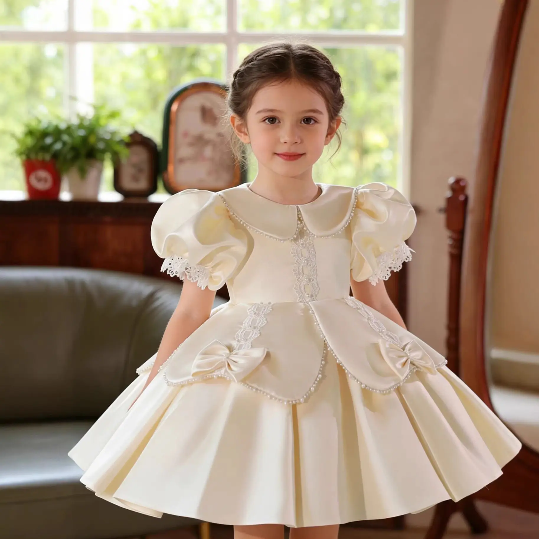 Custom Puff Sleeve Peter Pan Collar Lace Bow Satin Luxury Dress Women Wedding Guest Gown Kids Birthday Party Outfit for Pageant