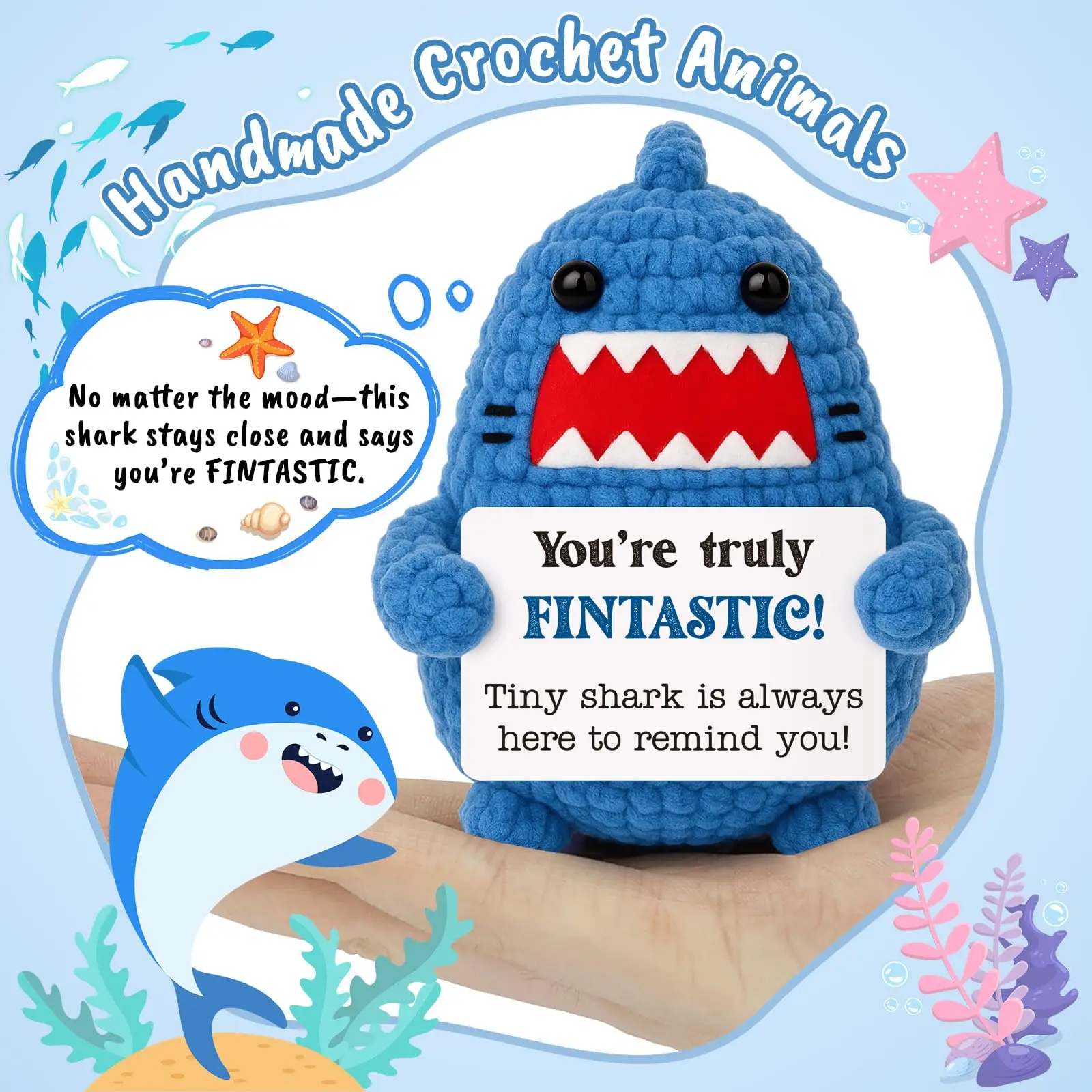 Positive Animal Crochet Shark Gift, Mini Emotional Shark Plush Toy with Encouraging Message, for Colleagues or Friends, Christmas Secret Santa Gift (Unisex)