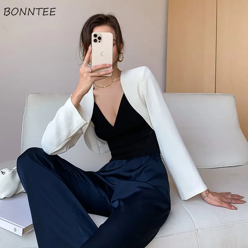 

Elegant Blazers Women Pure Color Tender Femme Hipster Summer All-match High Street Ins Casual Outwear Cropped Design Clothes New