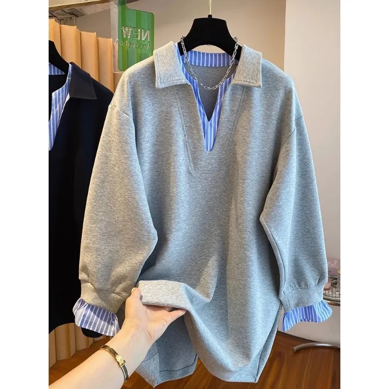 

Korean Women's Unique Splicing Beautiful Age-Defng Autumn Design Fake Two-Piece Slimming Top