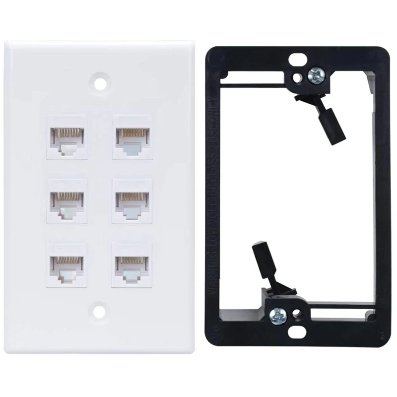 Cat6 Wall Plate 6 Port with 1 Gang Low Voltage Mounting Bracket for Cat5E, Cat6, Cat6A, Cat7 Networking Cables, White