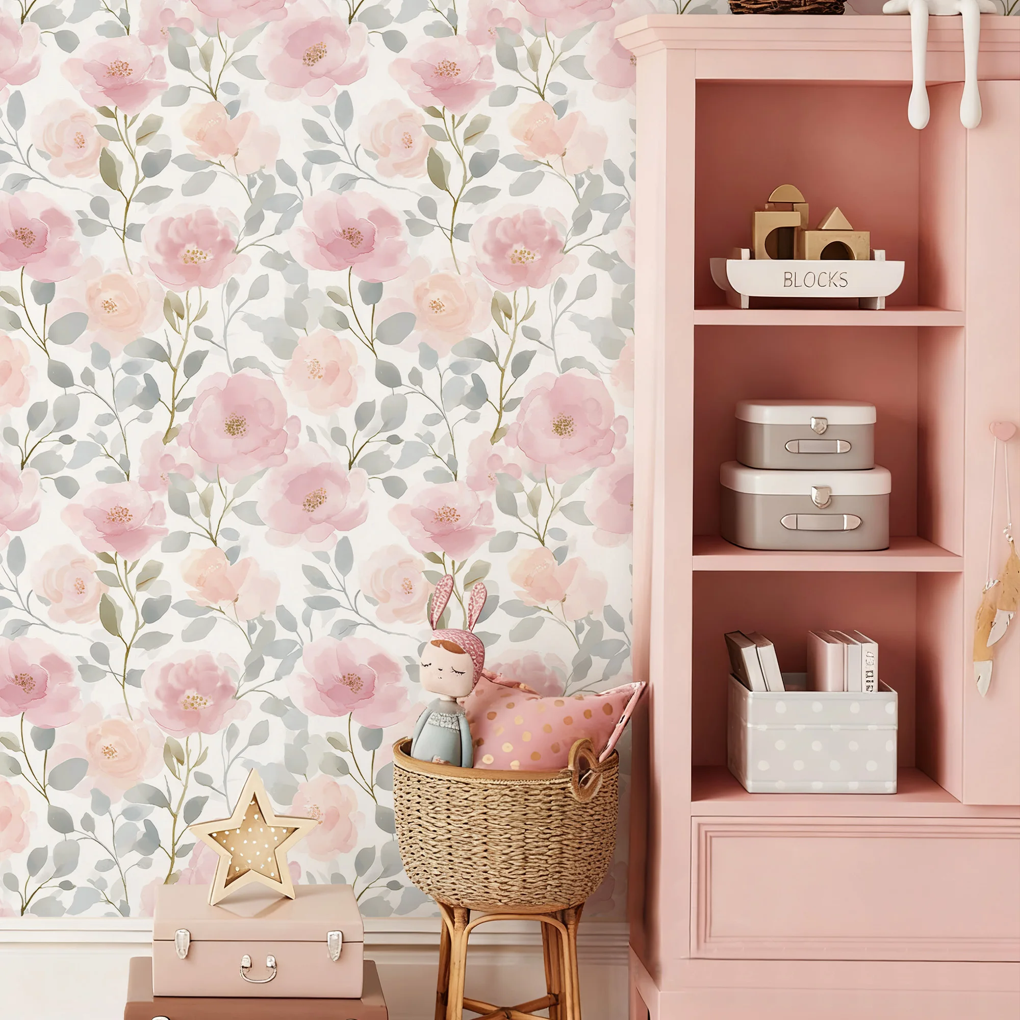 

Cute Pink Roses Floral Vinyl Wallpaper Self Adhesive Watercolor Flower PVC Cabinet Sticker For Furniture Waterproof Decor