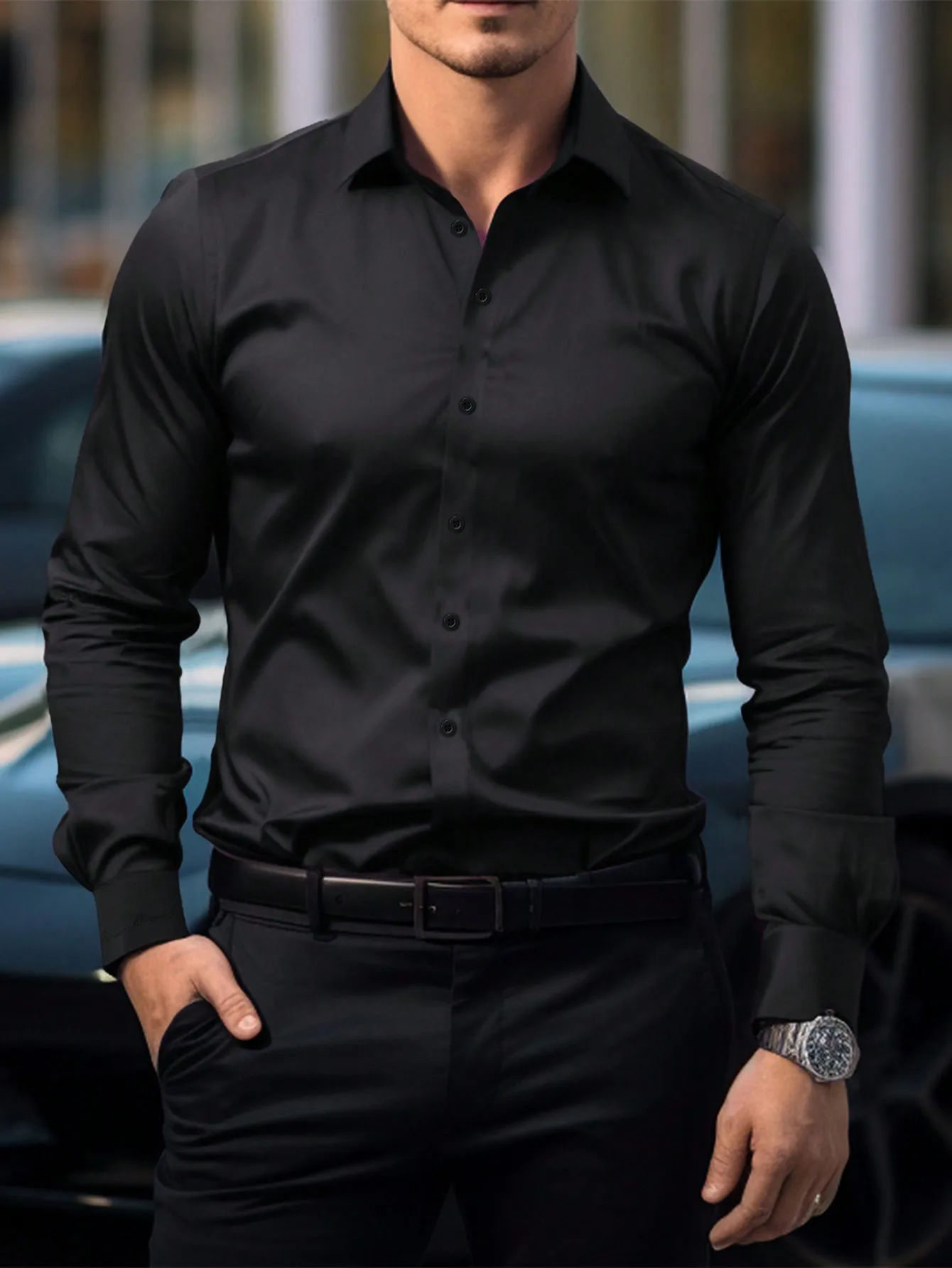

Men's Solid Black Long Sleeve Button-Down Shirt with Cuff Embroidery, Slim Fit for Fall
