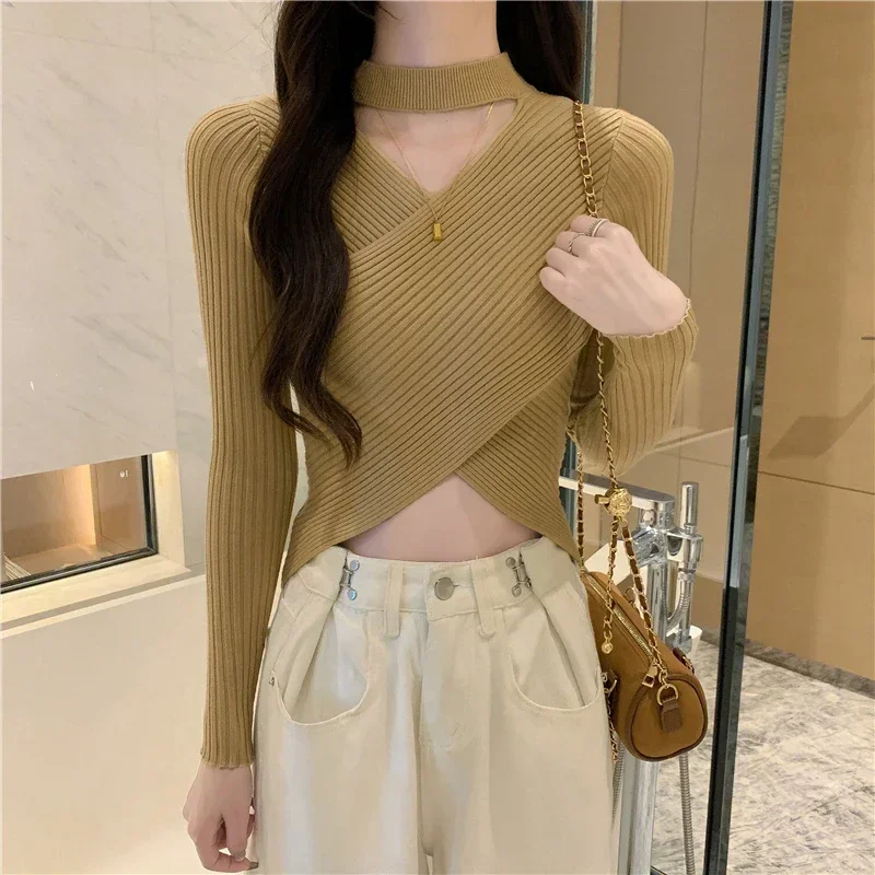 Long Sleeve Knitted Tops Autumn Winter Women Sweater Slim Fit Pullover Office Lady Fashion Halter Collar V-neck Clothes 29858