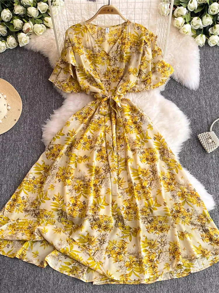 

Summer Women Printed Long Dress Elegant V-Neck Short Sleeve High Waist A-Line Single Breasted Casual Vestidos Female New Fashion