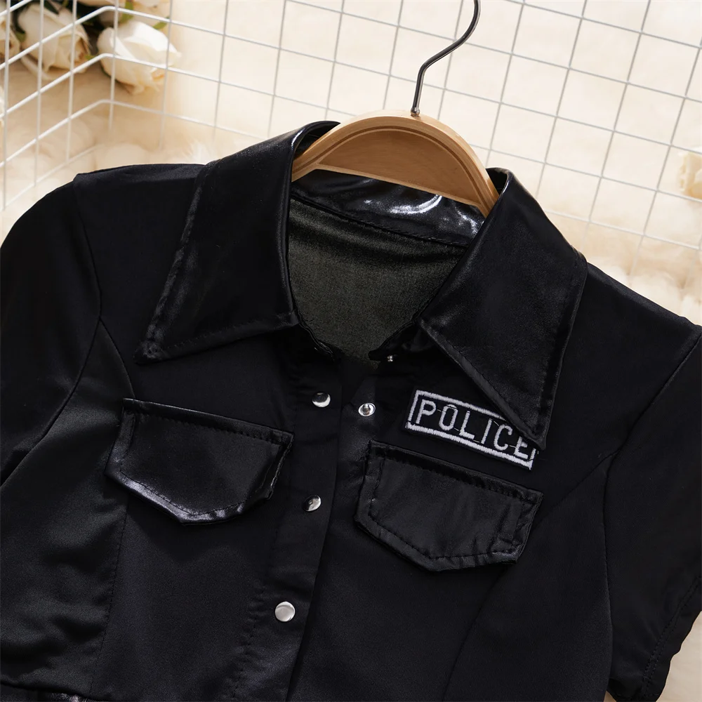 Sheer Short Sleeve Shirt With Elastic Waist A-Line Mini Skirt Set Sexy Policewomen Cosplay Uniform Black Metal Erotic Lingerie