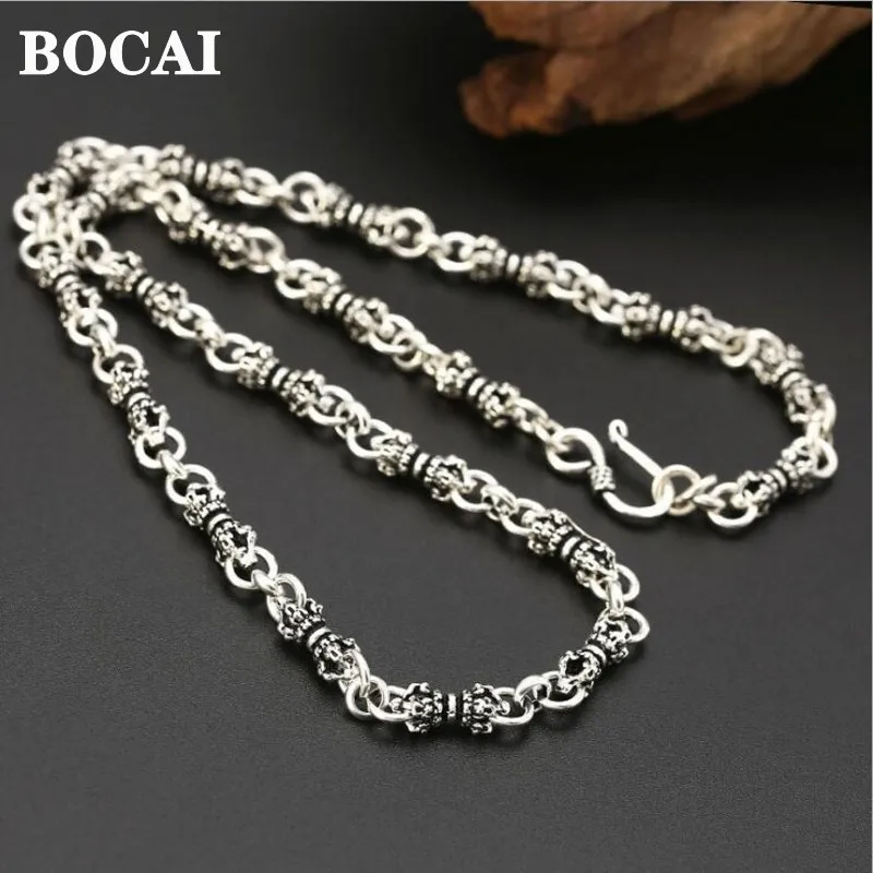 BOCAI New 100% True Solid S925 Pure Silver Jewelry Vajra 6mm Bamboo Fashion Men's Necklace Exquisite Birthday Gift