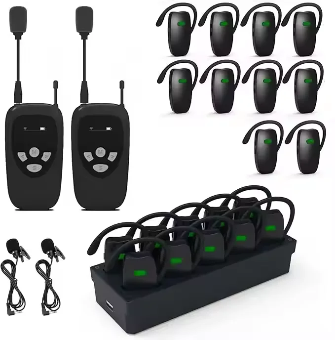 Wireless Tour Guide System 2 Transmitters 10 Receivers 10-Slot Charge Base Museum Factory Sightseeing Tour Guides Headset System