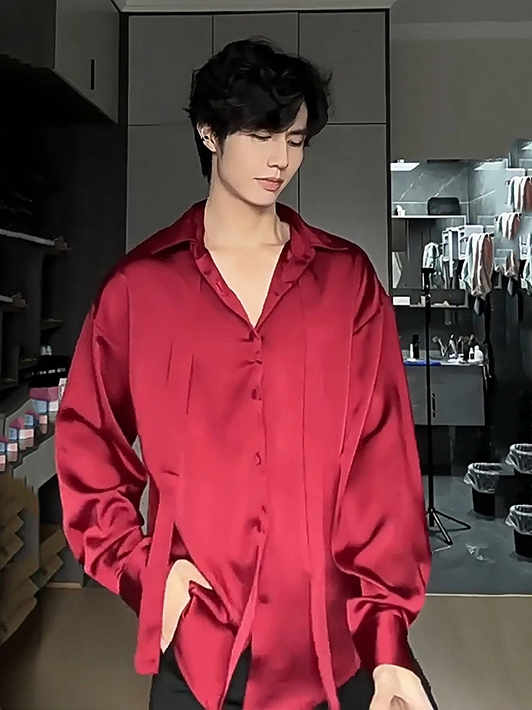 

Red Sa Silk Men's irt oulder Pads Bar Sle Model High End Sensation Youth Faion Long Sve Korean Sle Pure Color