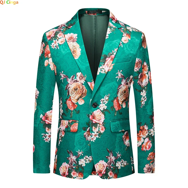 Men Green Printed Suit Jacket, Fashion Slim Dress Coat, A Variety of Embroidery Patterns To Choose From Blazers Asian Size M-6XL