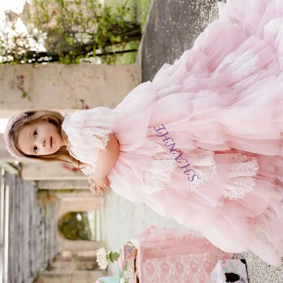 

Elegant Applique Lace Flower Girl Dress Long Ball Wedding Short Sleeve Floor Length Tulle Customized First Communion Dress