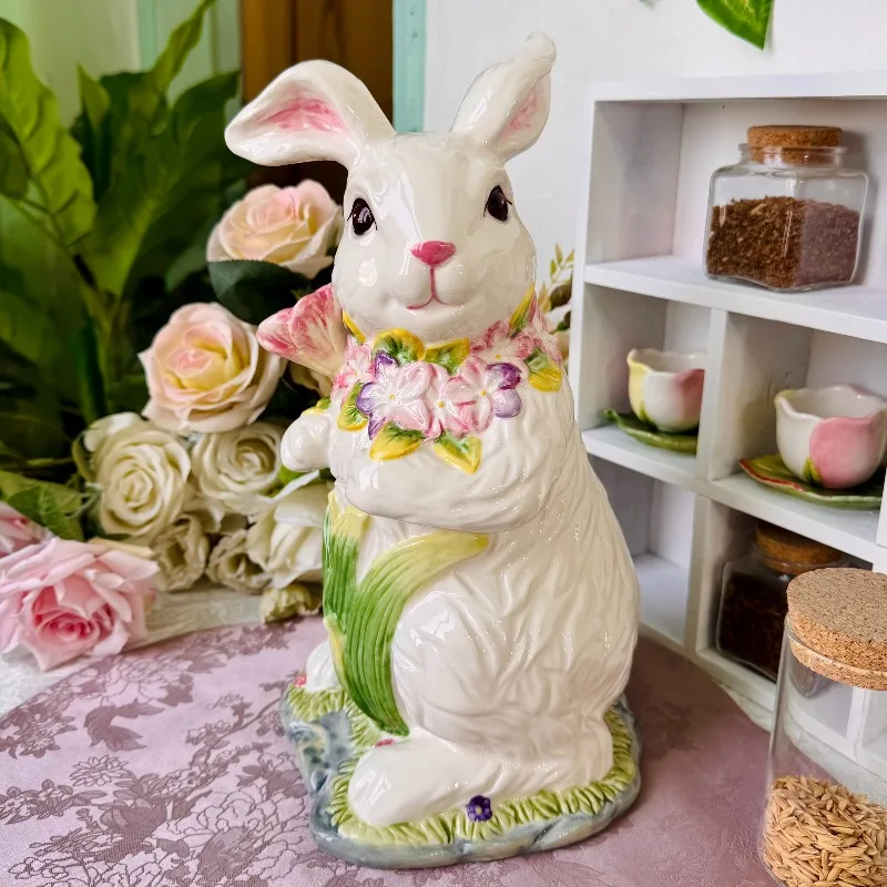 Underglaze Tulip Rabbit Ceramic Candy Jar Easter Bunny Pattern Kitchen Canister for Sugar Decor Coffee Mug with Lid Home Gift