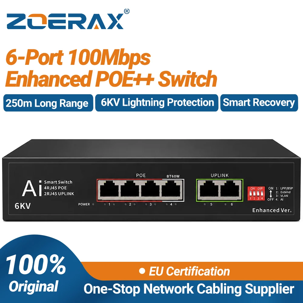 ZoeRax 6-Port 100Mbps Enhanced POE++ Network Switch 6KV Lightning Protection 60W PoE+ 250m Long Range Plug & Play for IP Camera